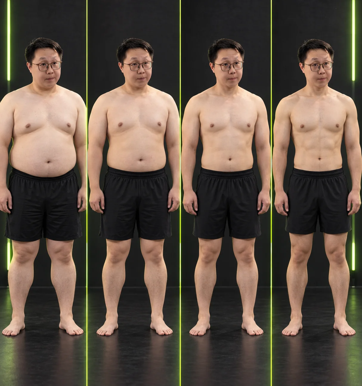基于温团长照片生成的四阶段形象设想，不对应具体体重